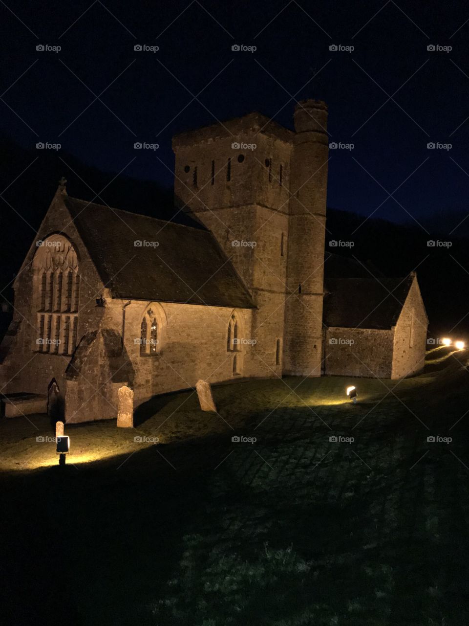 Branscombe Church looking spectacular in its environment at night.