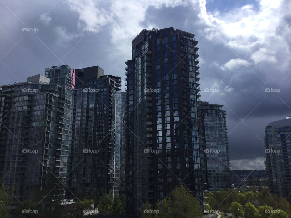Skyscrapers lining the skyline of Vancouver, British Columbia, Canada with trees surrounding them