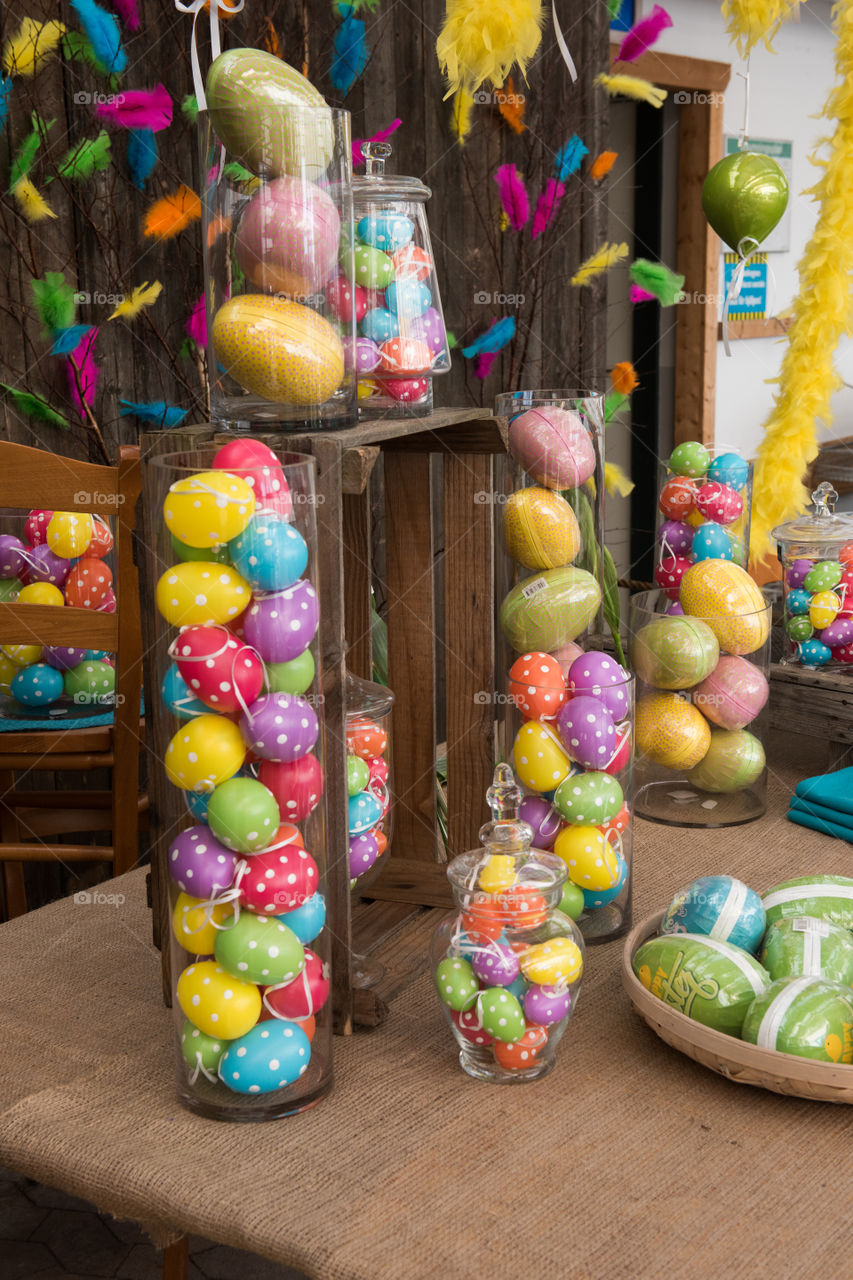 Easter decorations, different kind of eggs in different colours.