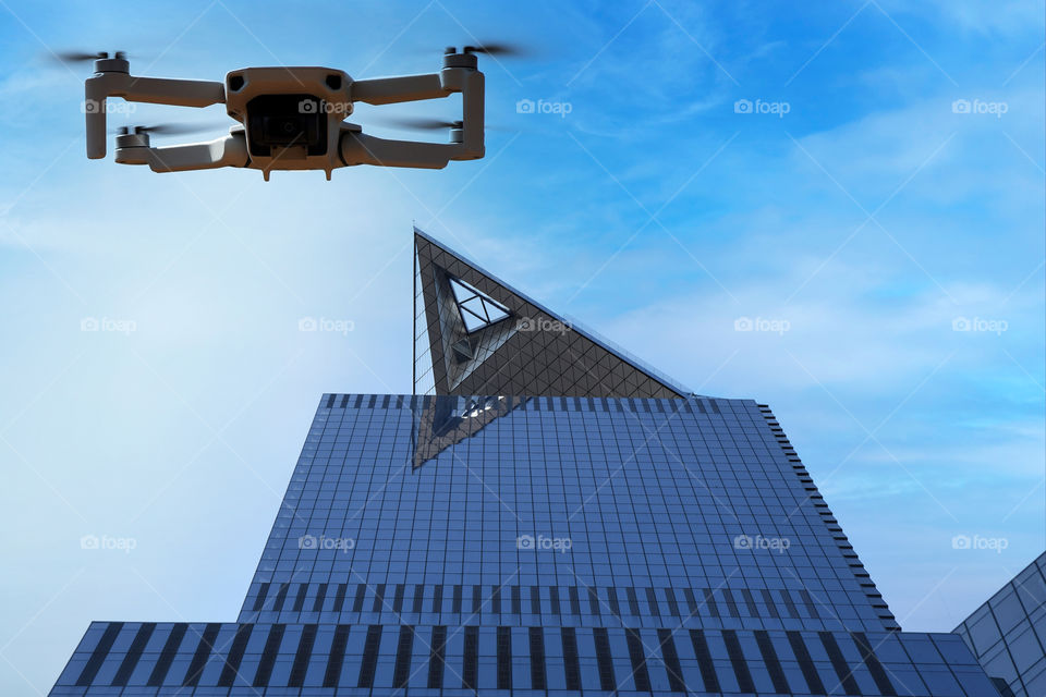 A drone soars off the towering Equinox observatory in New York city on a beautiful summer day.