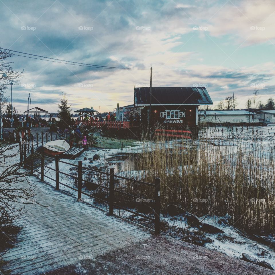 Cafe close to frozen lake in Finland 