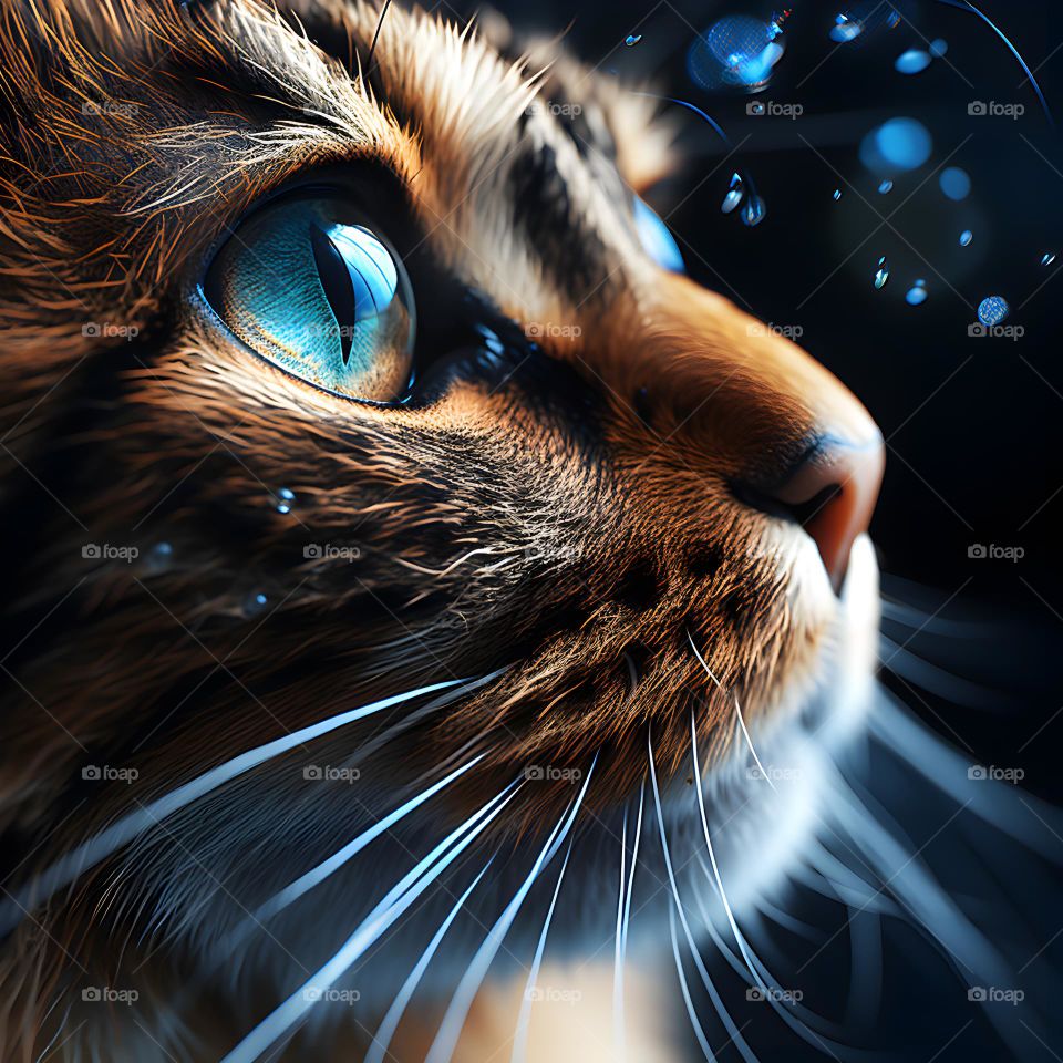 close up of a cat face with round eyes, in the style of vray tracing, photo-realistic techniques