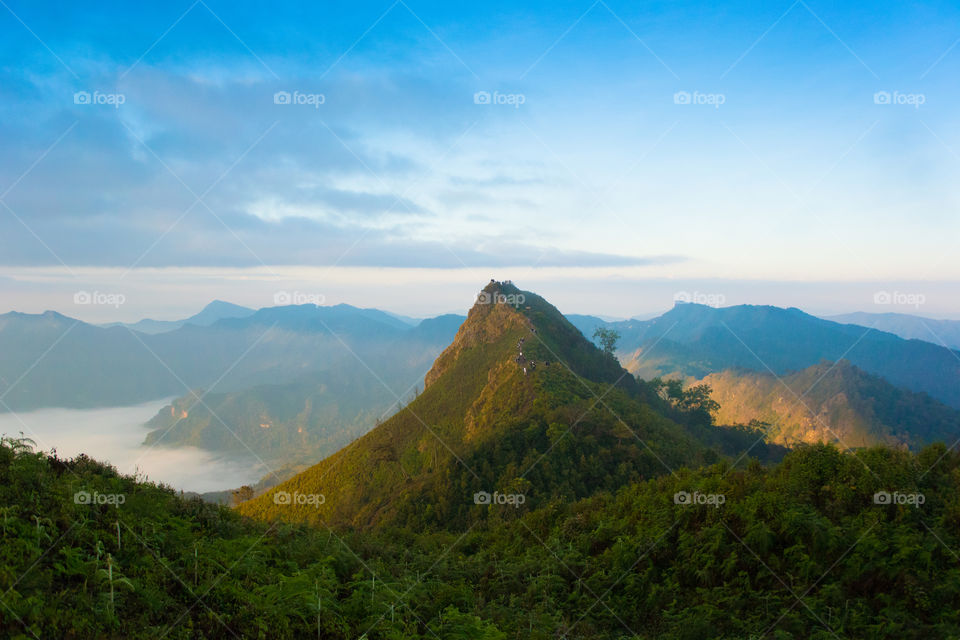 Mountin valley during sunrise. Natural summer landscape