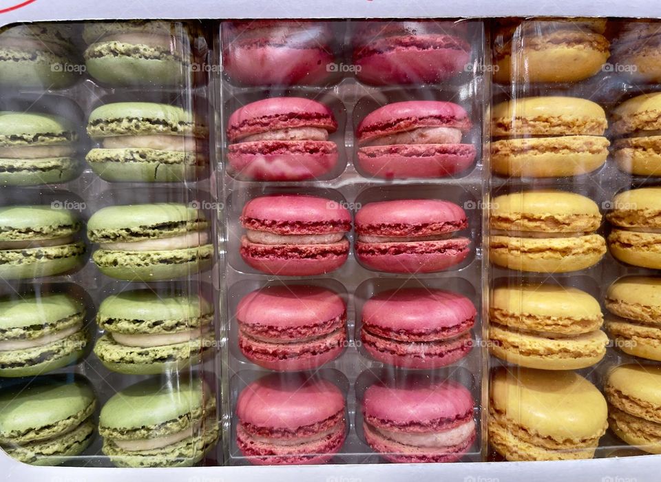 Sweet colourful macaroons in the box