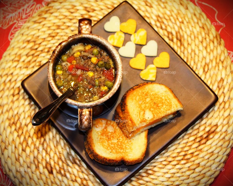 Grilled cheese sandwich and vegetable beef soup with cheese bites 