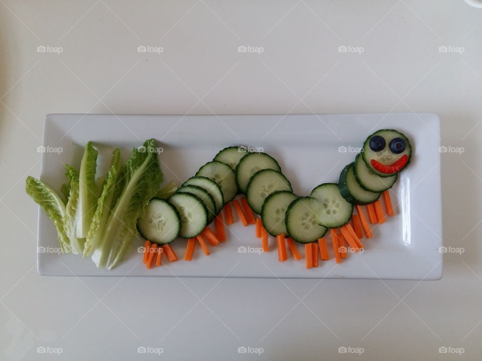 Salad for the fussy eater. Cucumber caterpillar for kids