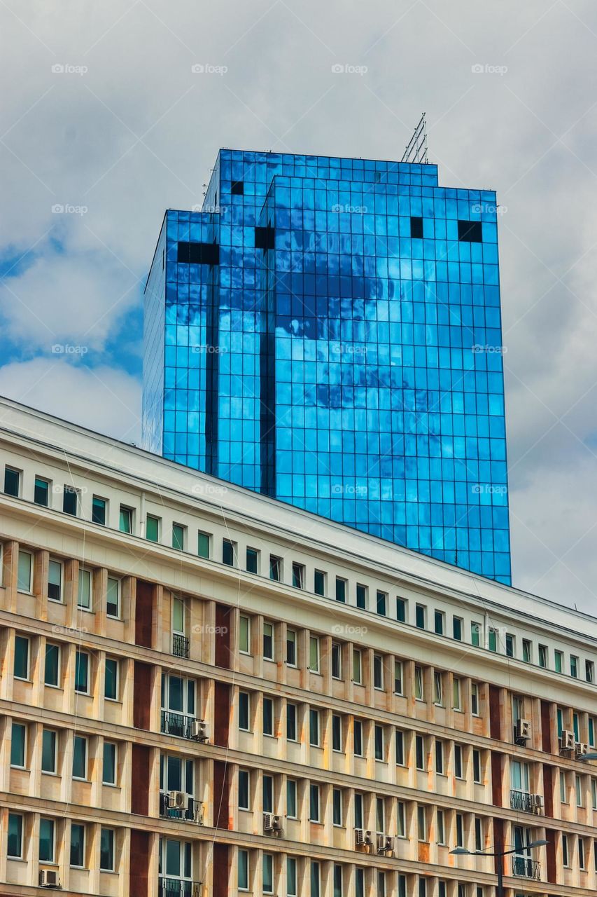 beautiful glass blue office building in the center of Warsaw