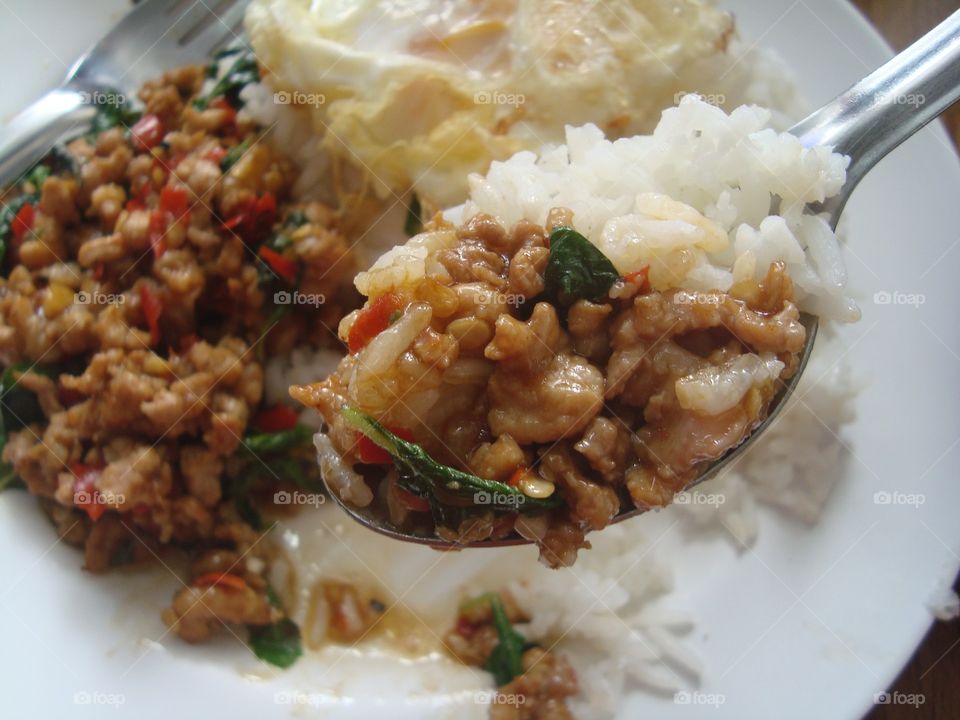 Let's eat together. Pork basil rice Spicy Thai food