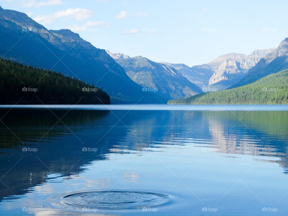 Bowman Lake in Glacier National Park with one ripple 