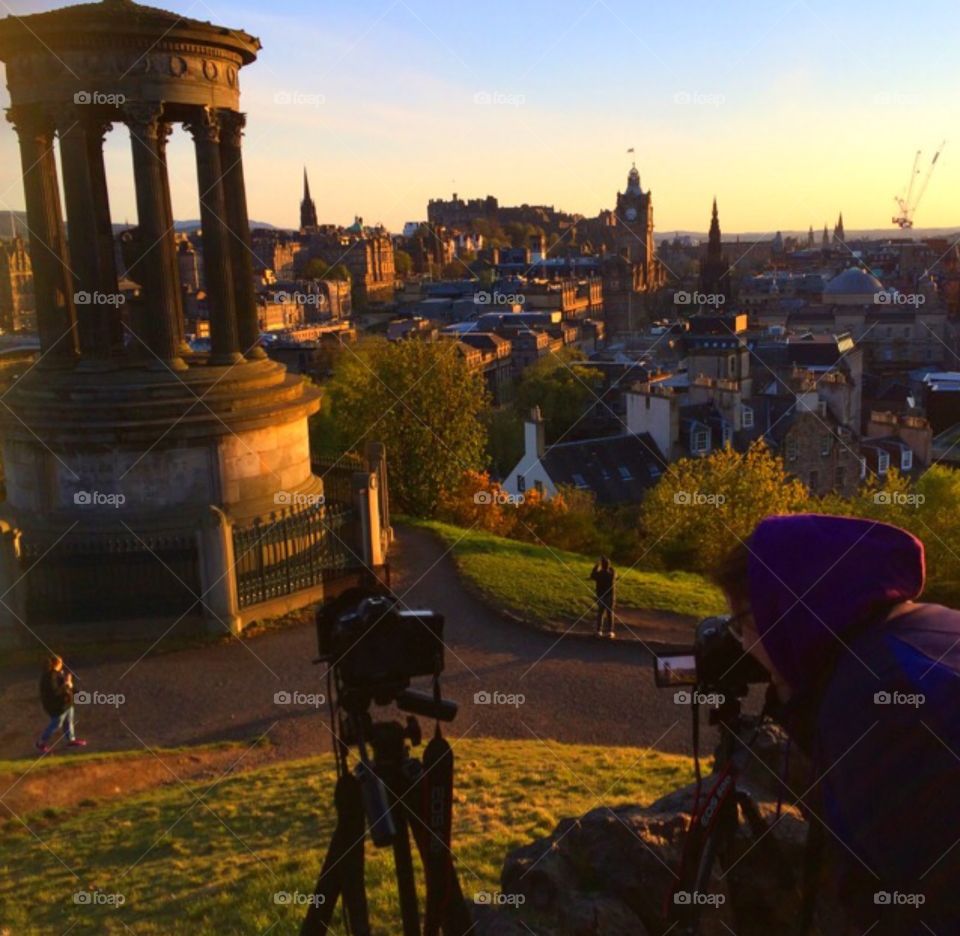 Edinburgh castle sunset. Setting up to take the shot