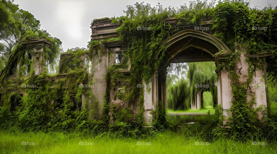 old ruins overgrown with vegetation
