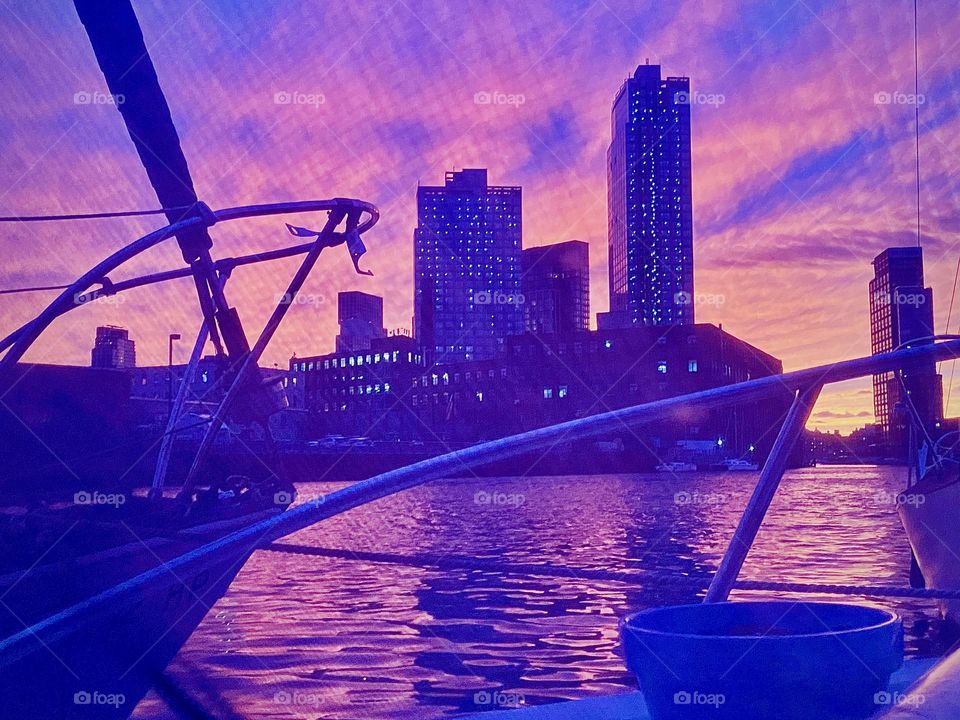 The deep purple to magenta to pink tones of this spectacular sunset impression from aboard “Salvation” on the “East River” at “Newtown Creek” speaks for itself. Aren’t they SURREAL ??? 2023. Hypnotic Productions