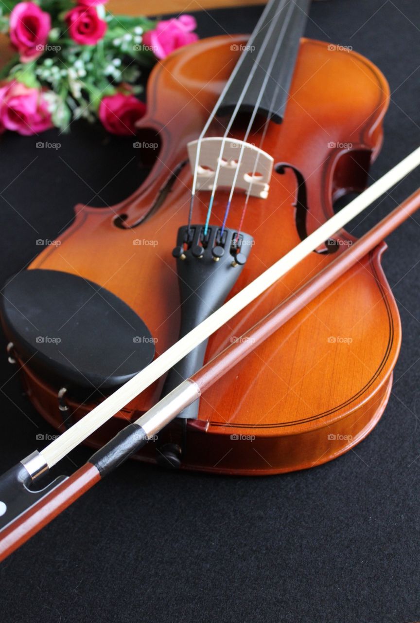 Violin, bow and music. Stringed instrument 