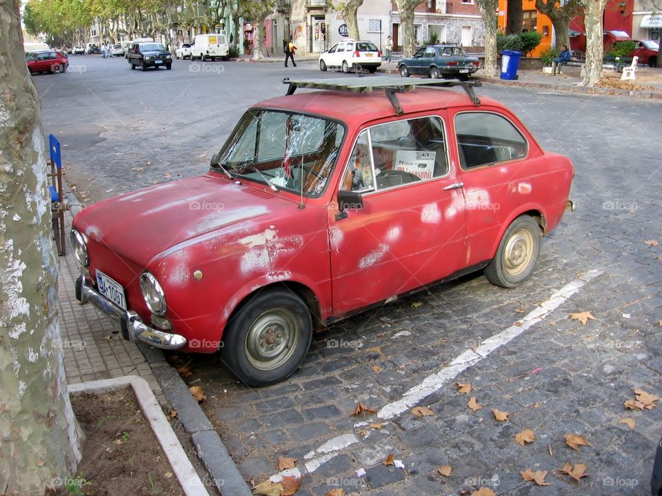 Red Car. A Street in Colonia del Sacramento 