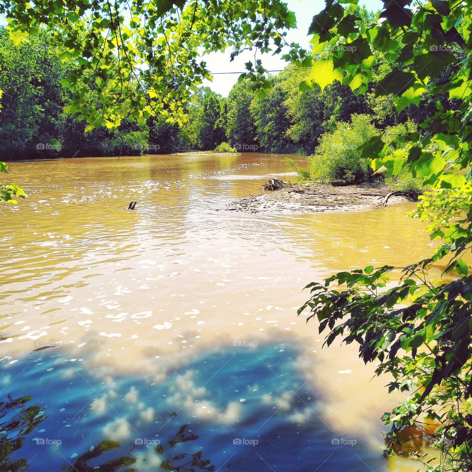 view of the two sandbar/ islands at the bottom of the waterfall