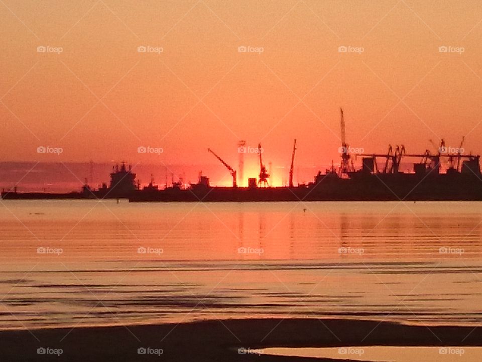 Sunset, Sea, Industry, Ship, Water