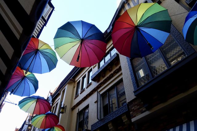 Colourful umbrellas can be seen in the shopping arcade called London Court, Perth, Western Australia.