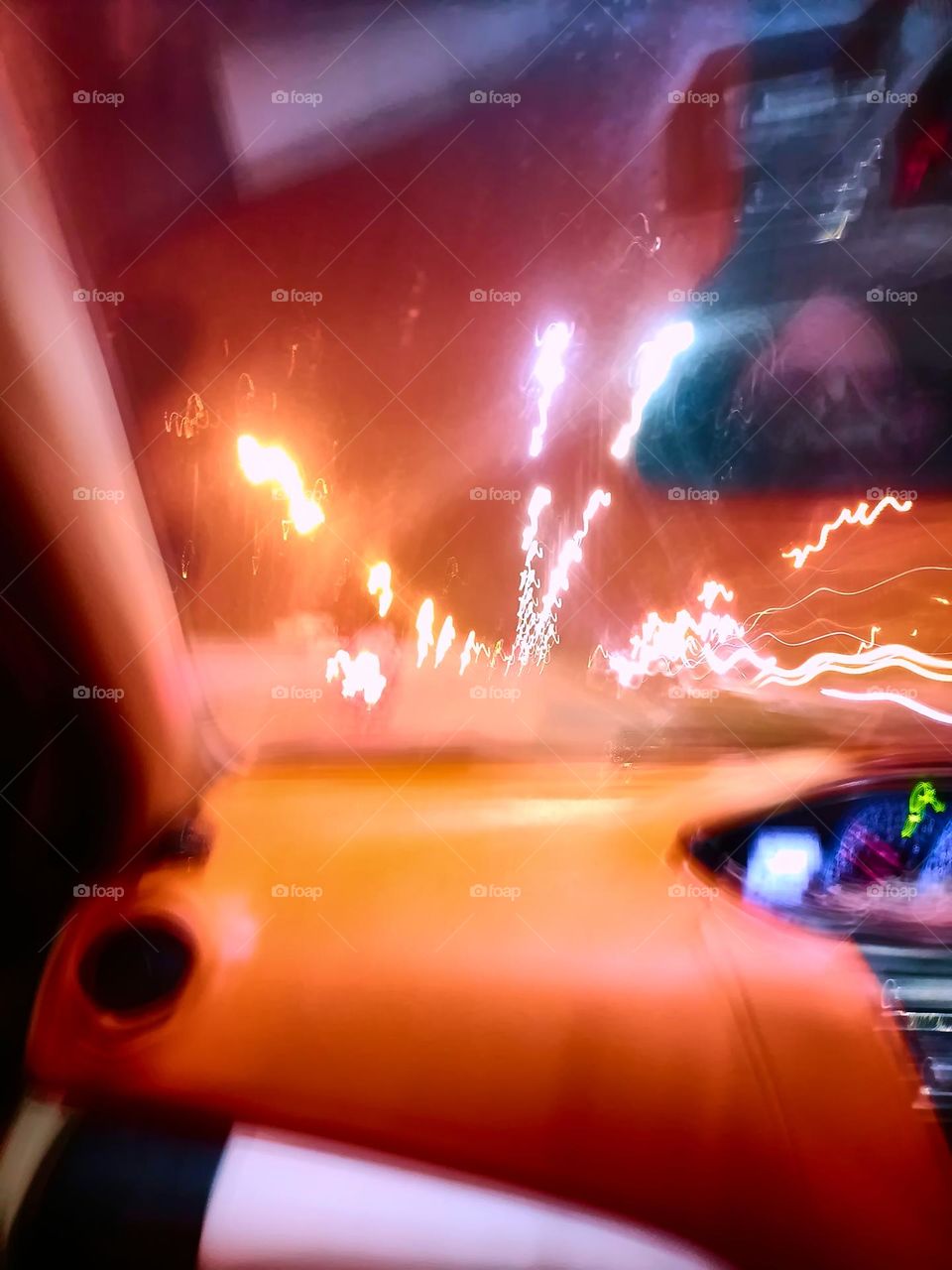 City night lights perspective blurred by high speed of the car. Abstract City night lights. Background and texture.