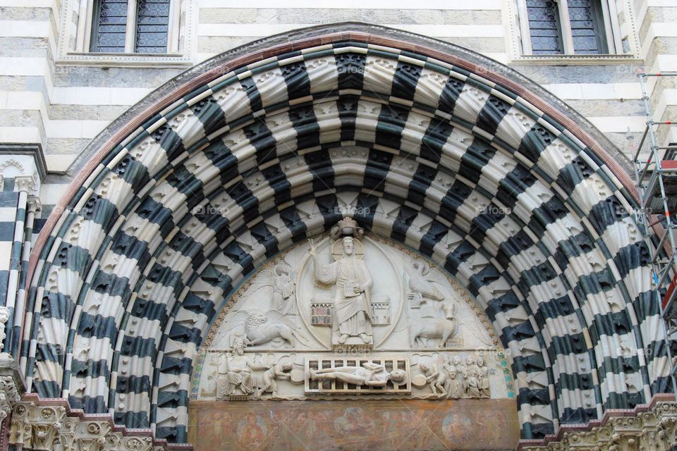 Details of Genoa Cathedral or Metropolitan Cathedral of Saint Lawrence.  Romanesque style and the main fasade is Gothic