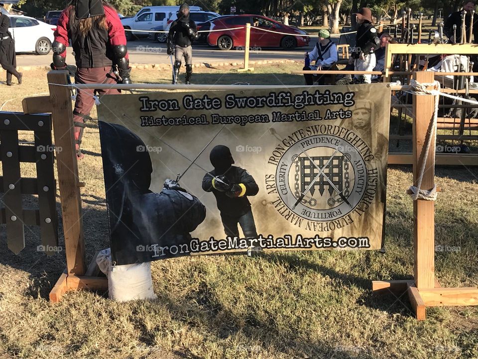 A banner representing Iron Gate Martial Arts at the Kearney Park Renaissance Faire.