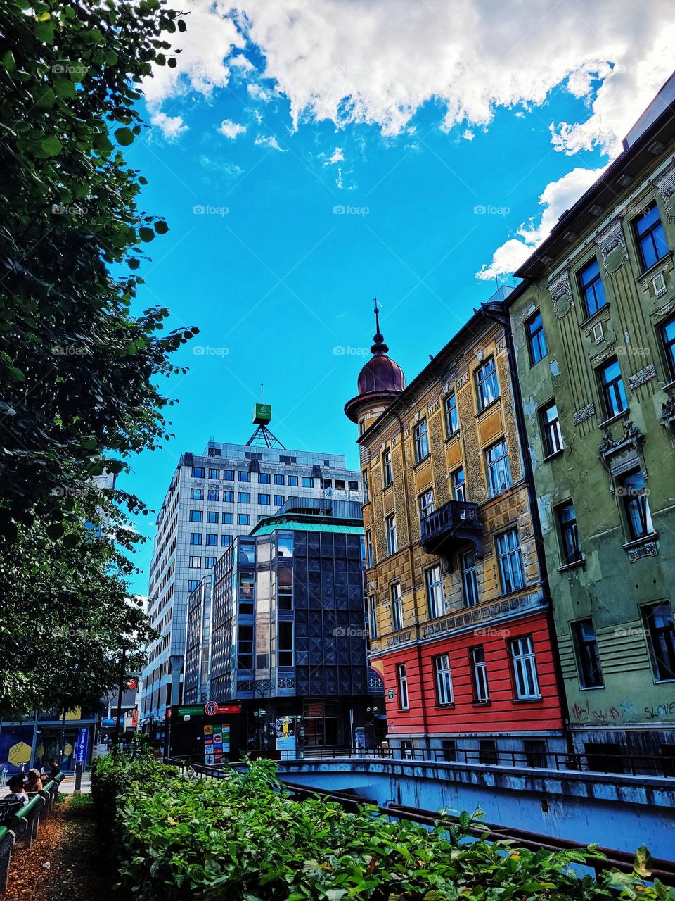 Ljubljana,  capital of Slovenia. Europe.  Summer vacation.  Ancient and modern architecture. Big city life