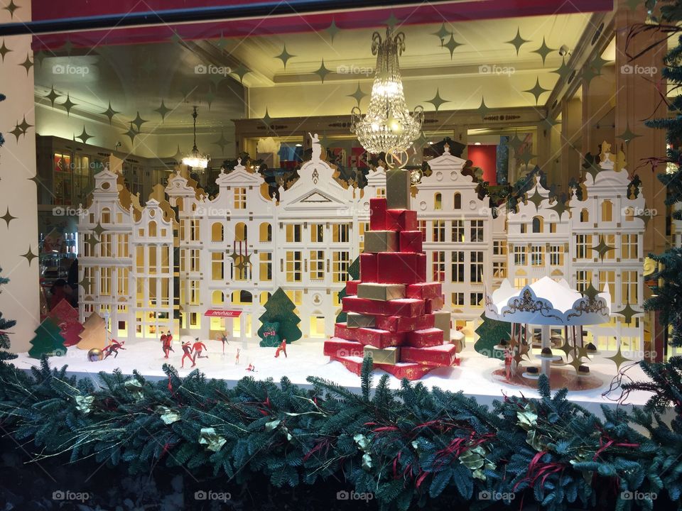 Brussels, Belgium Galeries Royales Saint-Hubert Christmas 2016 shopping. Neuhaus Chocolates boutique Christmas showcase at the mall.
