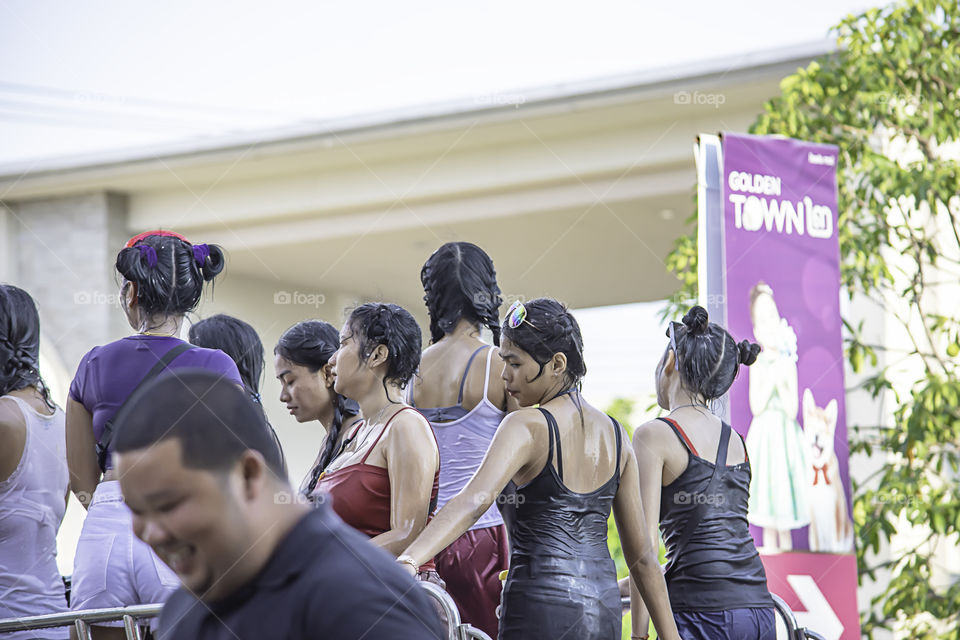 Tourists on the car play water in Songkran festival or Thai new year at Bang kruai, Nonthaburi , April 15, 2019