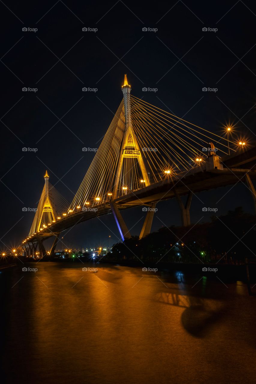 Beautiful night scene of landmark bridge in Bangkok Thailand