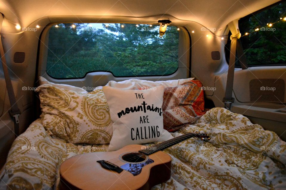 The Mountains Are Calling, Van Life, Boho guitar pillows lights camper camping Canadian 