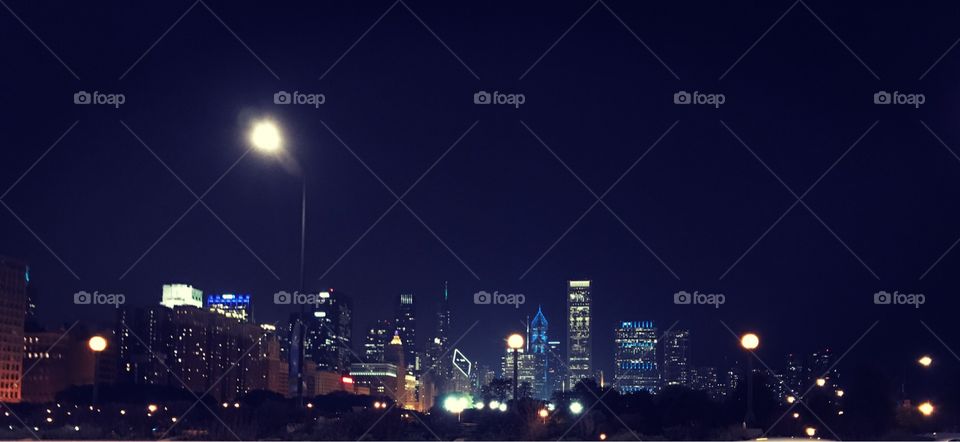 Skyline of Chicago at night after a concert at Northerly Island