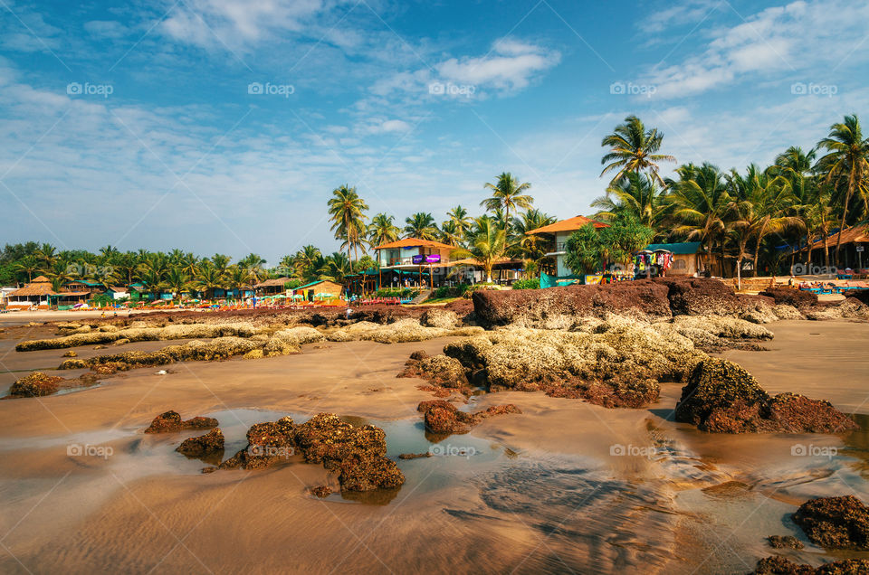 Guesthouses and sunbeds on the shore of the Arabian Sea in the middle of rocks and sandstone in Ashvem, Goa, India