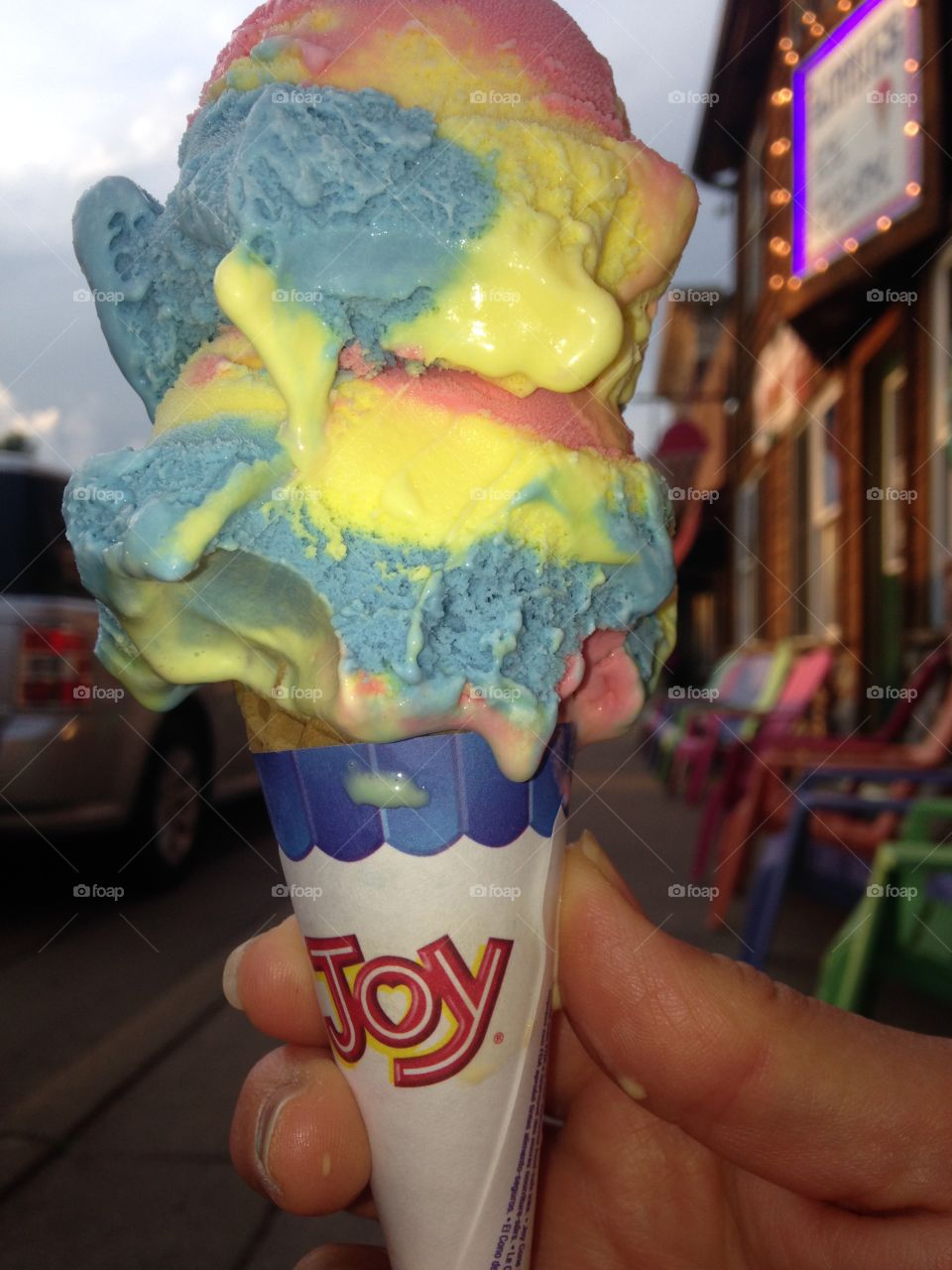 Ice cream in hand!. Superman ice cream cone, sitting outside on summer evening!