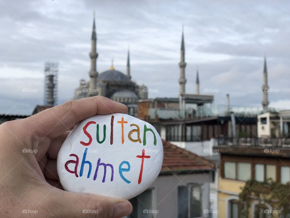 Stone souvenir from Sultanahmet district with Blue Mosque background, Istanbul