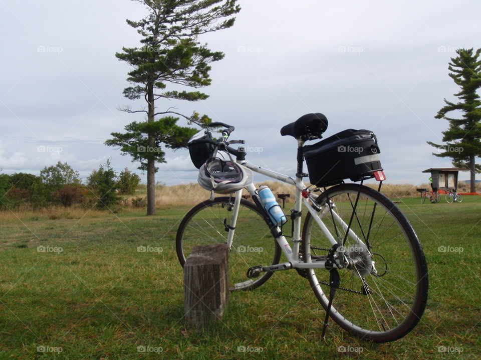 Lake MI view . Bike parked at Glen Haven on shore of Lake Michigan 