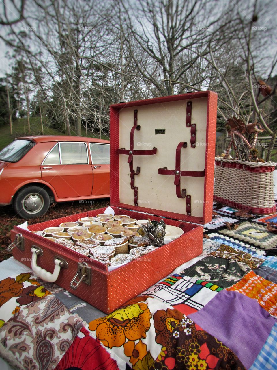 retro picnic in the park suitcase Austin classic car sweet fresh home baking