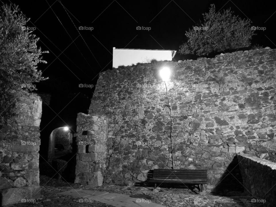 Monochrome Castle Walls & Bench, Night, Castelo de Vide, Portugal