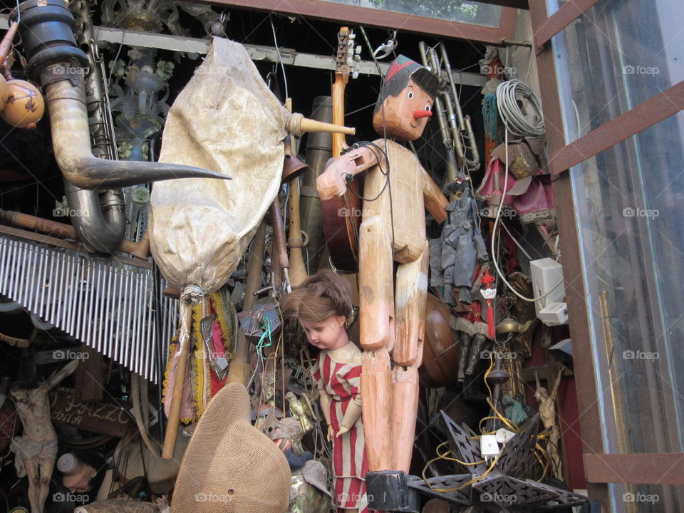 Puppet of Pinocchio in an antique shop.