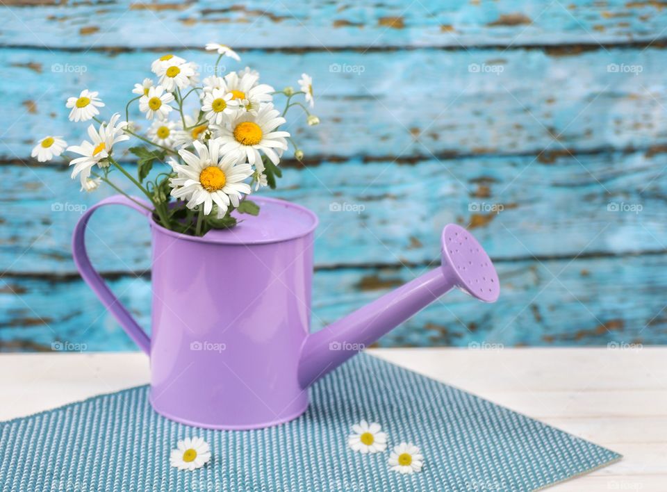 summer wild flowers in a purple watering can