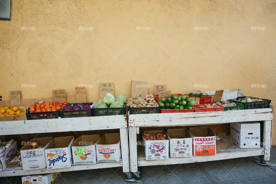 Farmers market stand in Chinatown on the street