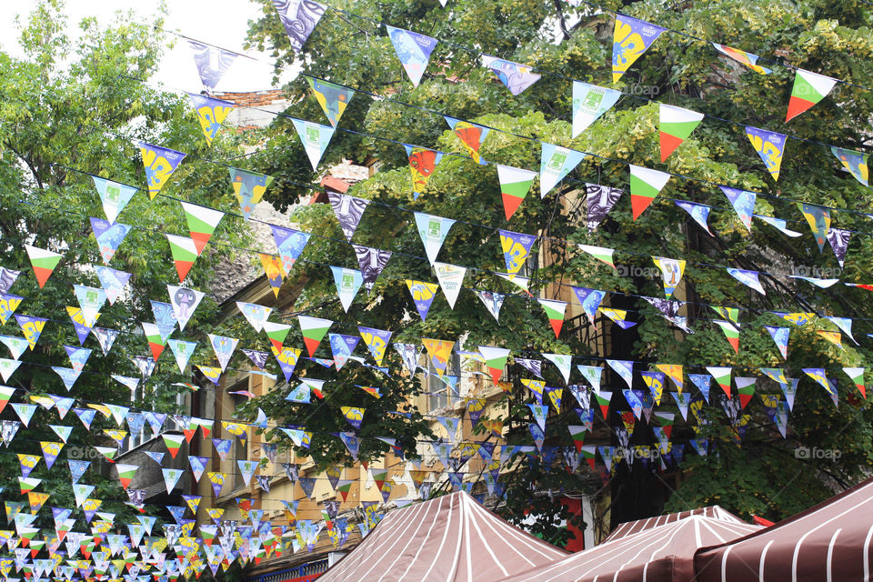 Colorful flags in Art fest in Kapana, Plovdiv, Bulgaria