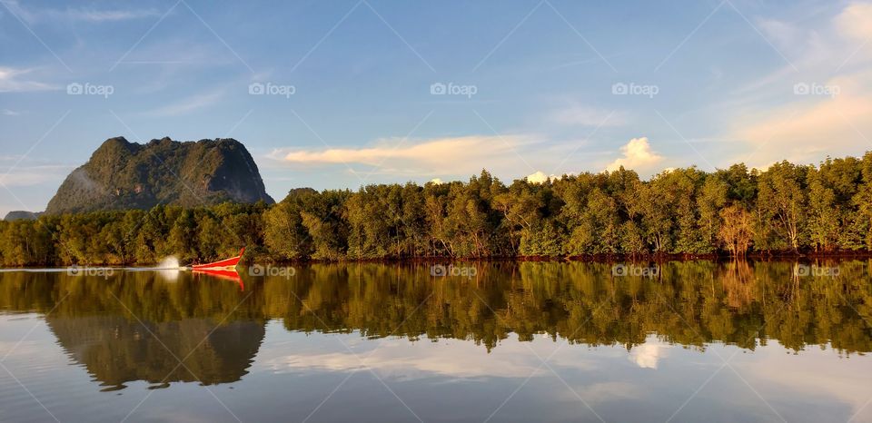 Beautiful lake boat reflection