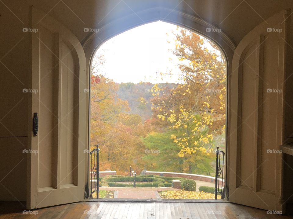 Fall day through doors at a college in WV 
