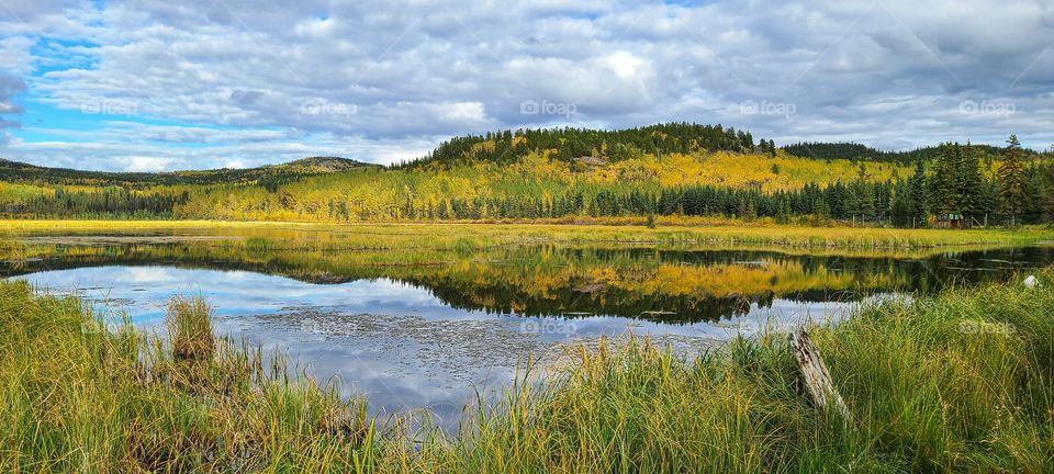 Beautiful fall reflections on the still lake in the autumn