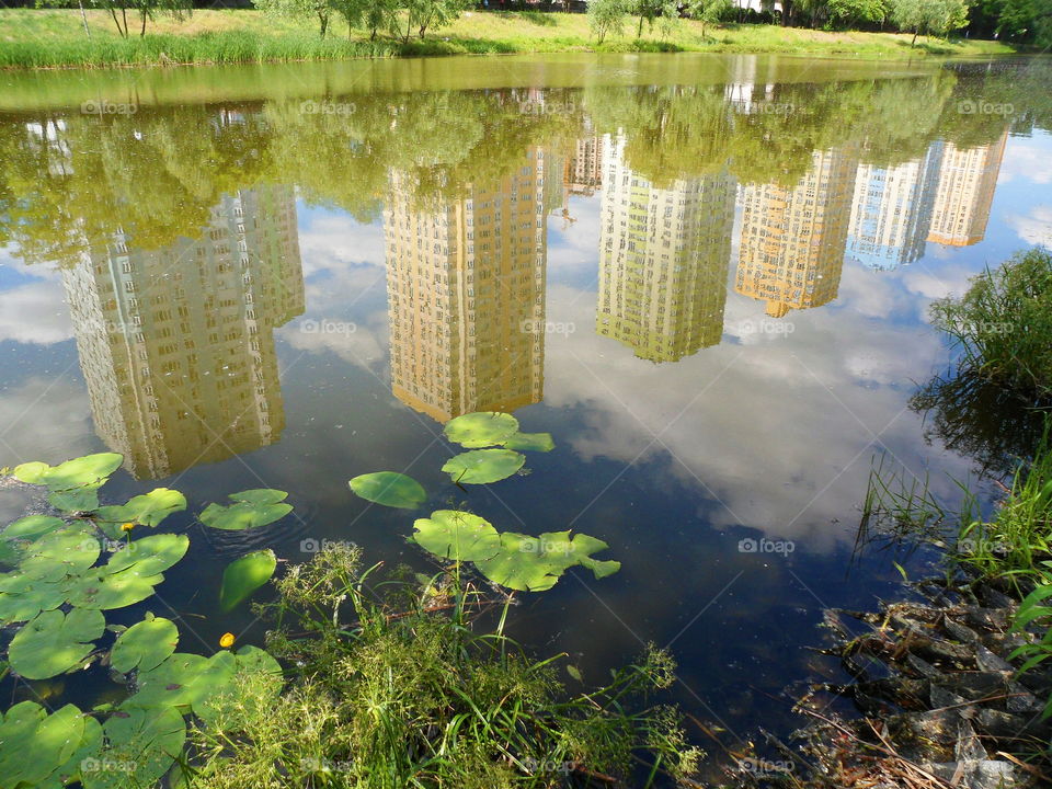mirror image of houses in the lake of the park of the city of Kiev