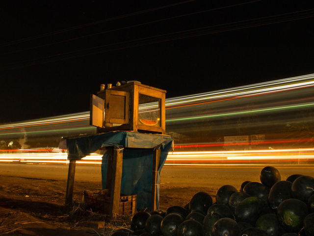 Light trails on street at night