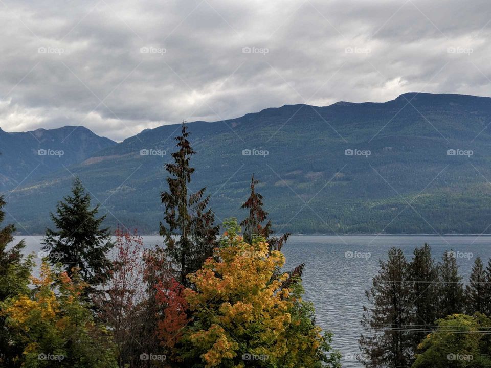 cloudy fall day looking out at trees, lake,and mountainside.