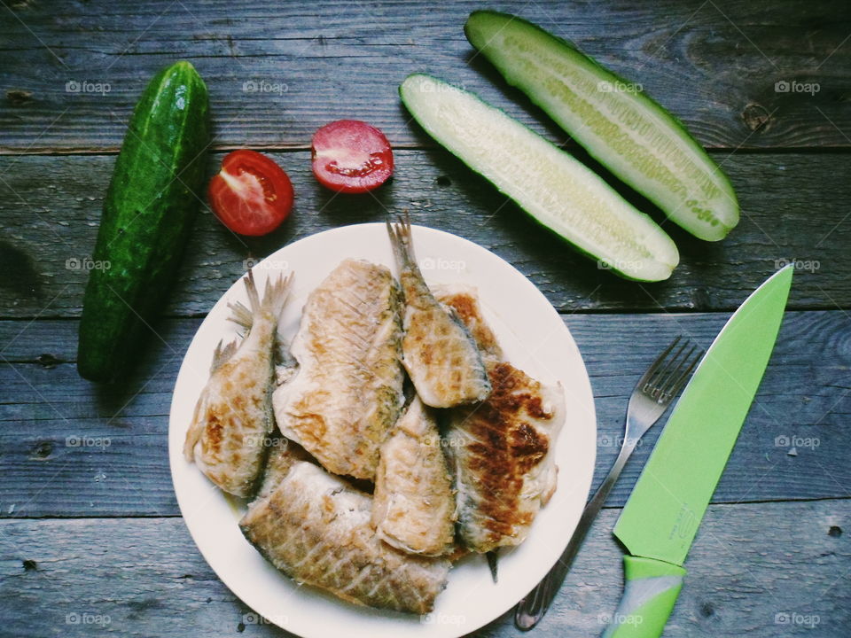 High angle view of fried fish