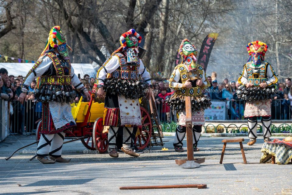 Kukeri Dance. Kukeri are elaborately costumed Bulgarian Men, who Perform Traditional Rituals Intended to Scare Away Evil Spirits