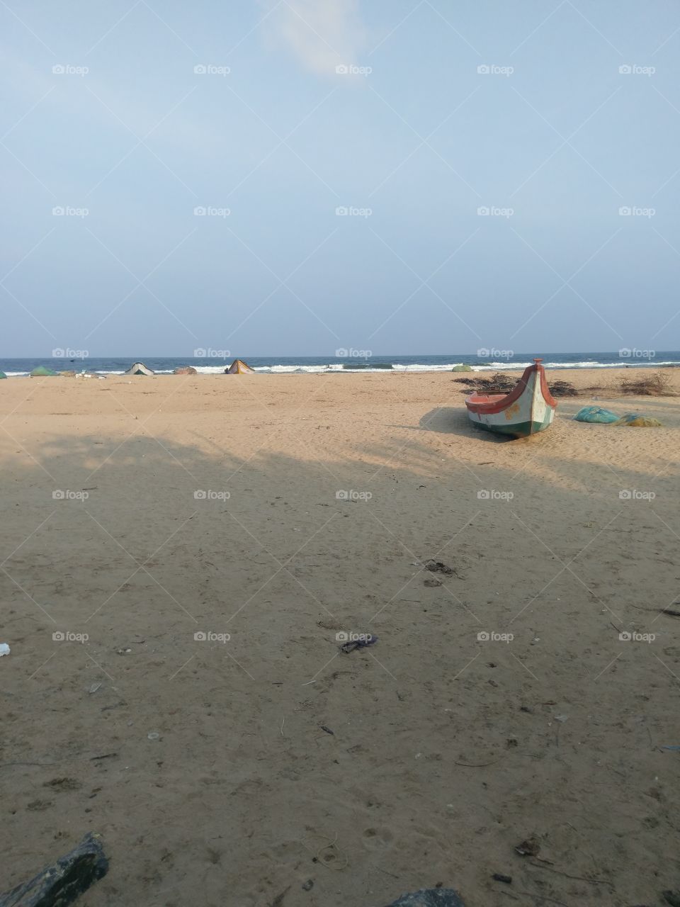 Boats pulled ashore in Mamallapuram, Tamil Nadu