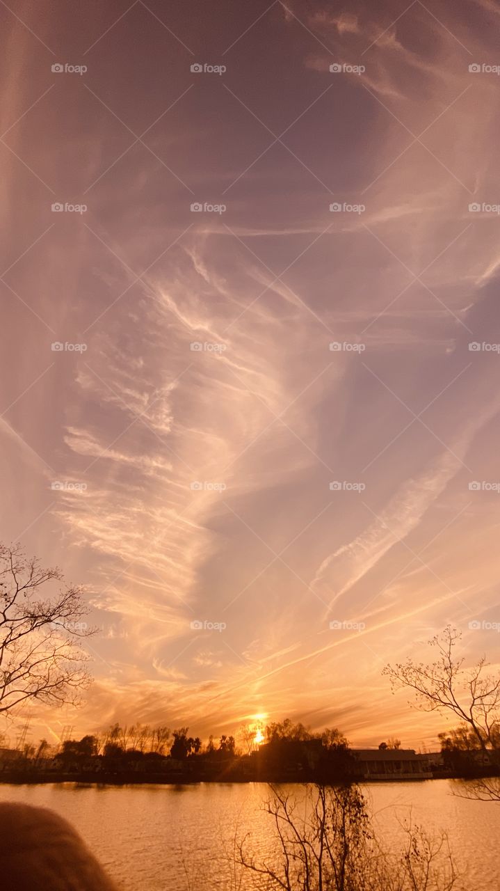 High Clouds adjusting the sky during Sunset. Colors radiating within all the feathering of clouds with wind patterns. 